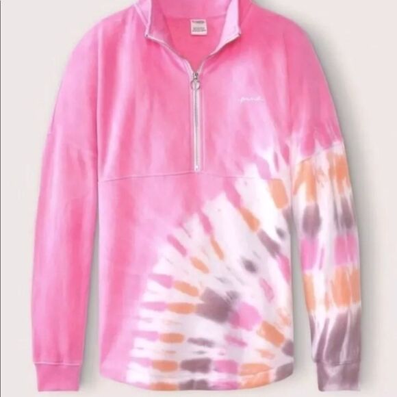 PINK Victoria's Secret Sweaters - VICTORIA'S Secret Pink Peach Tie Dye Varsity Half Zip Pullover Sweatshirt